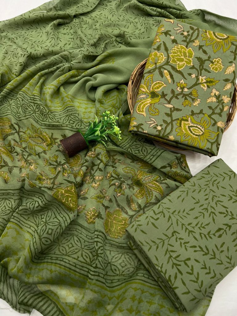 Fern Green block printed cotton dress material with pure chunni