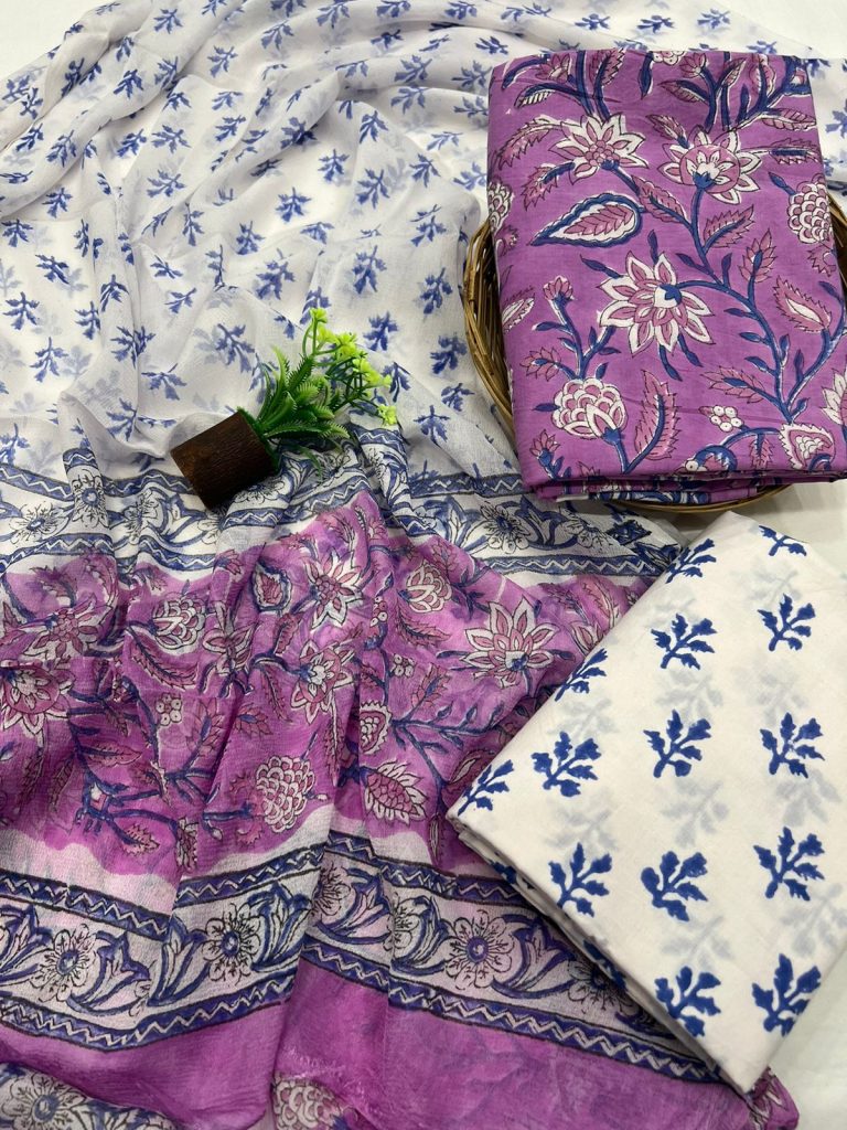 Hand block print Dark Orchid cotton dress material with chiffon dupatta