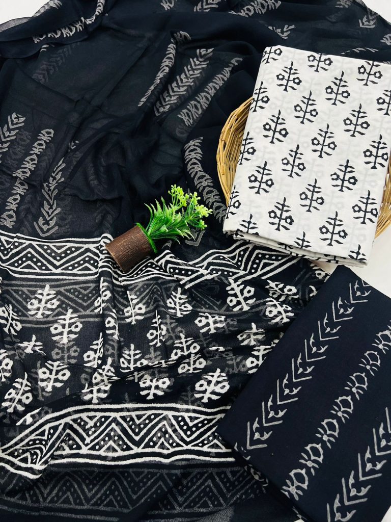 White and black hand block printed cotton dress material with chiffon dupatta