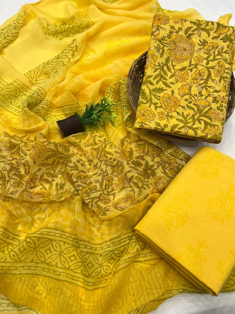 Yellow block printed cotton dress material with chiffon dupatta