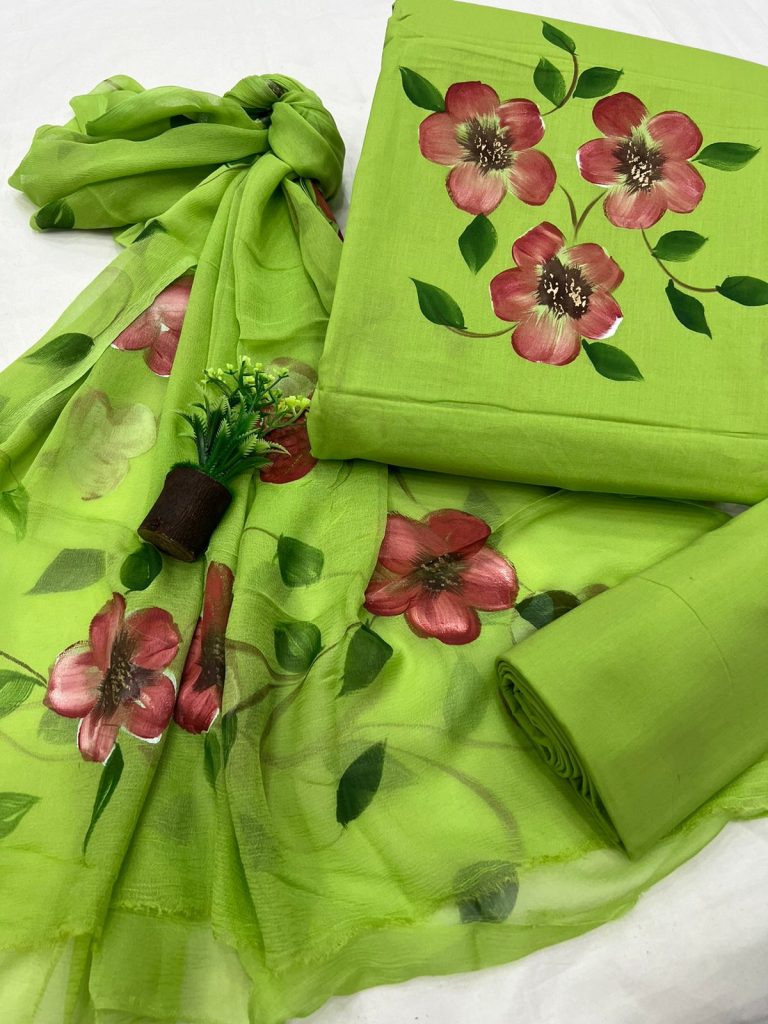 Harlequin green hand painted cotton dress material with chiffon chunni