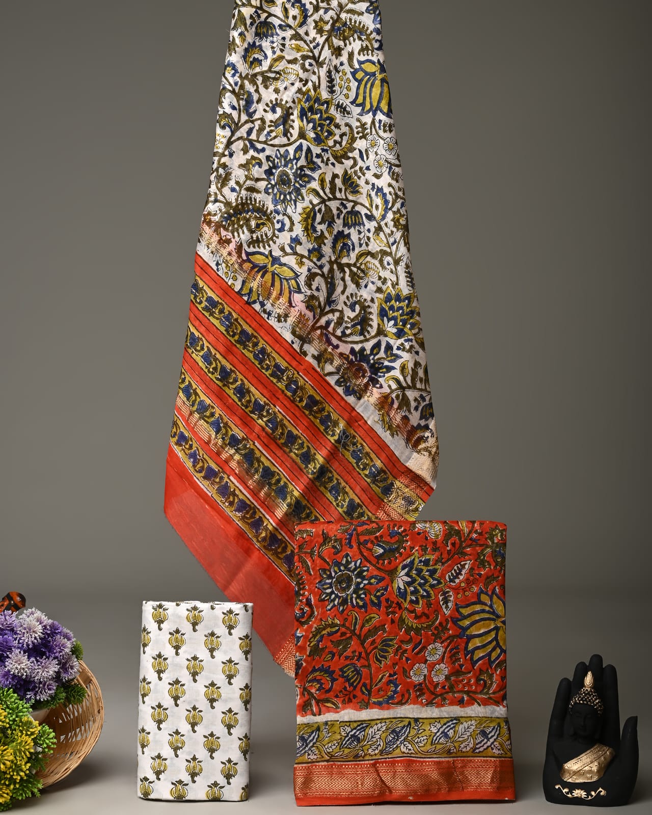Hand block printed party wear maheshwari silk dress material