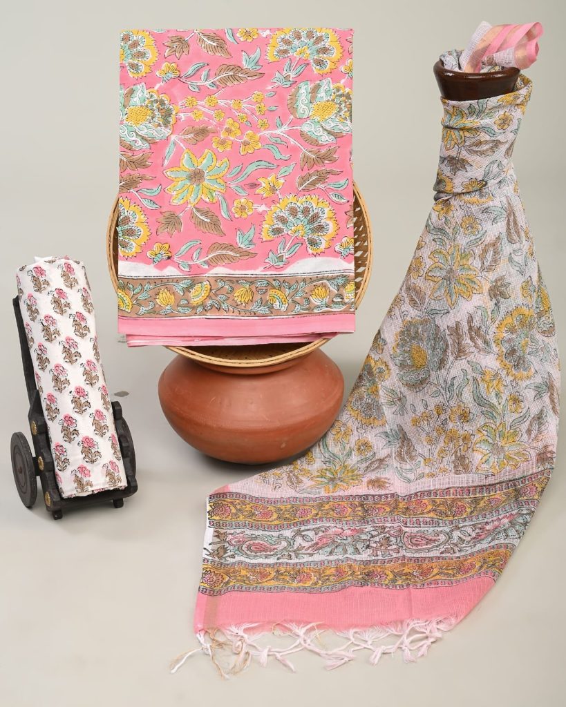 Hand block printed Cotton Candy cotton dress material with kota doriya dupatta