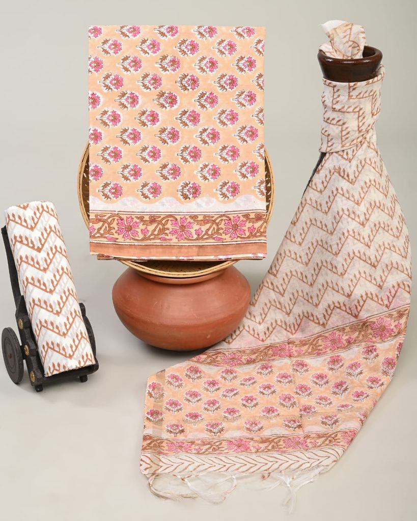 Apricot color block printed cotton dress material with chanderi cotton dupatta