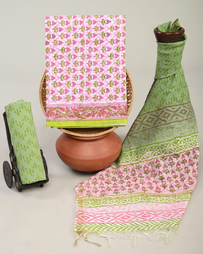Cotton Candy and Asparagus cotton dress material with chanderi cotton dupatta