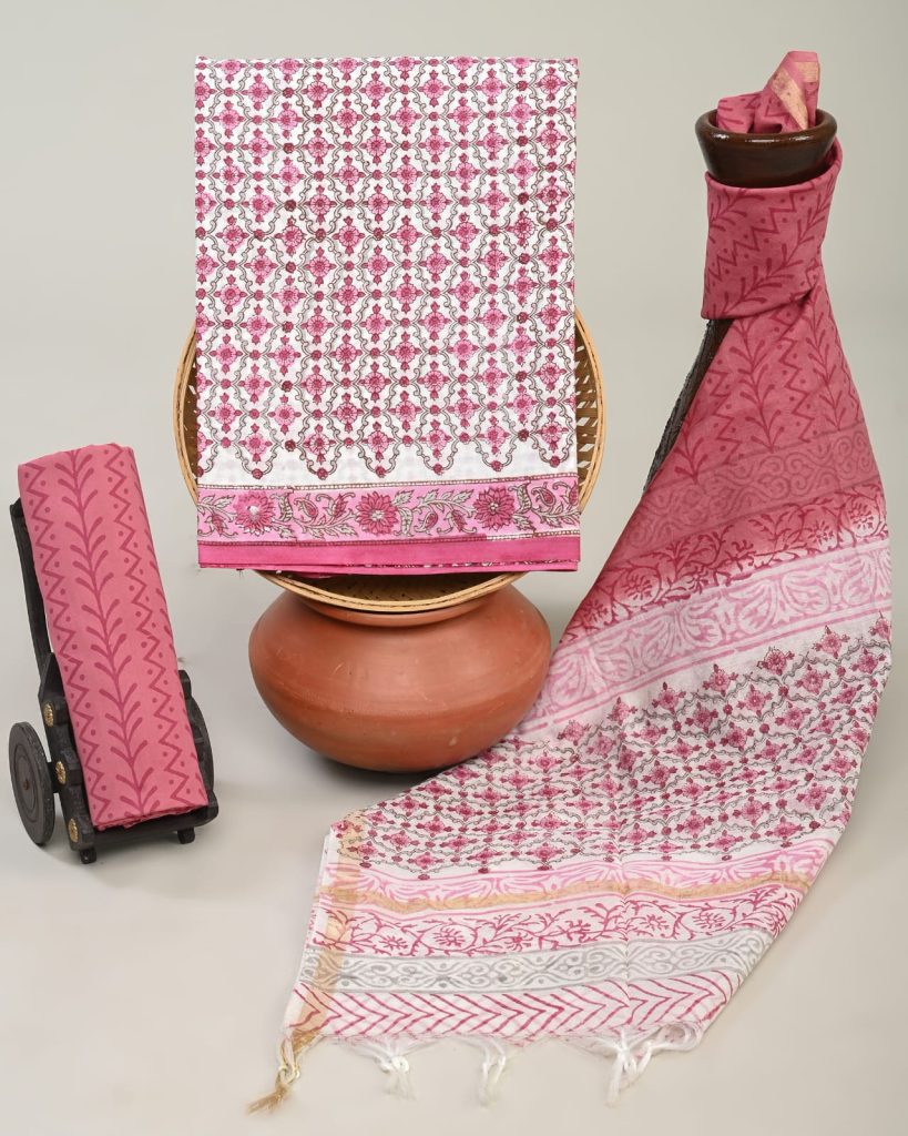 Brick Red block printed cotton dress material with chanderi cotton dupatta