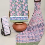 Cotton Candy and blue block printed cotton dress material with chanderi cotton dupatta