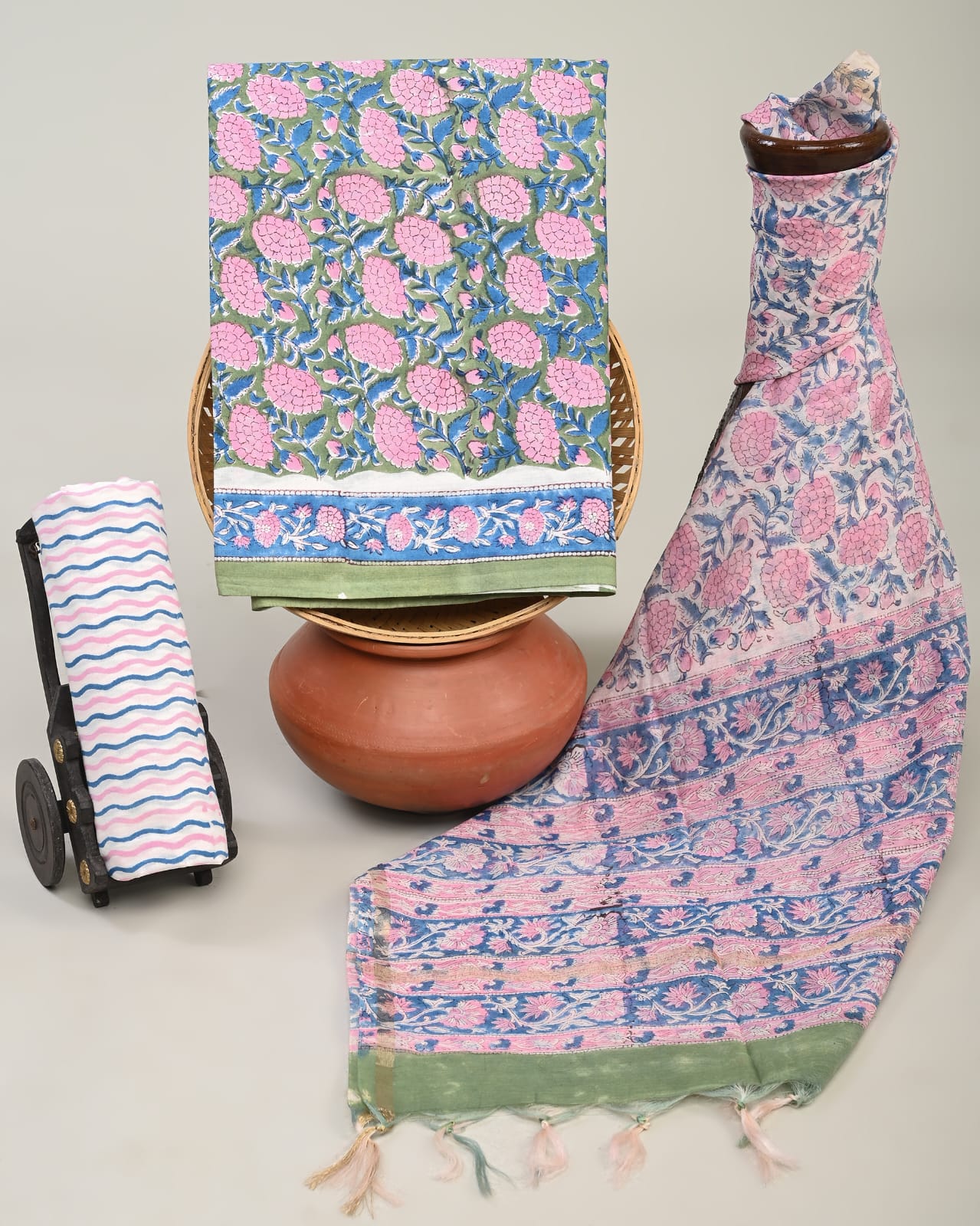 Cotton Candy and blue block printed cotton dress material with chanderi cotton dupatta