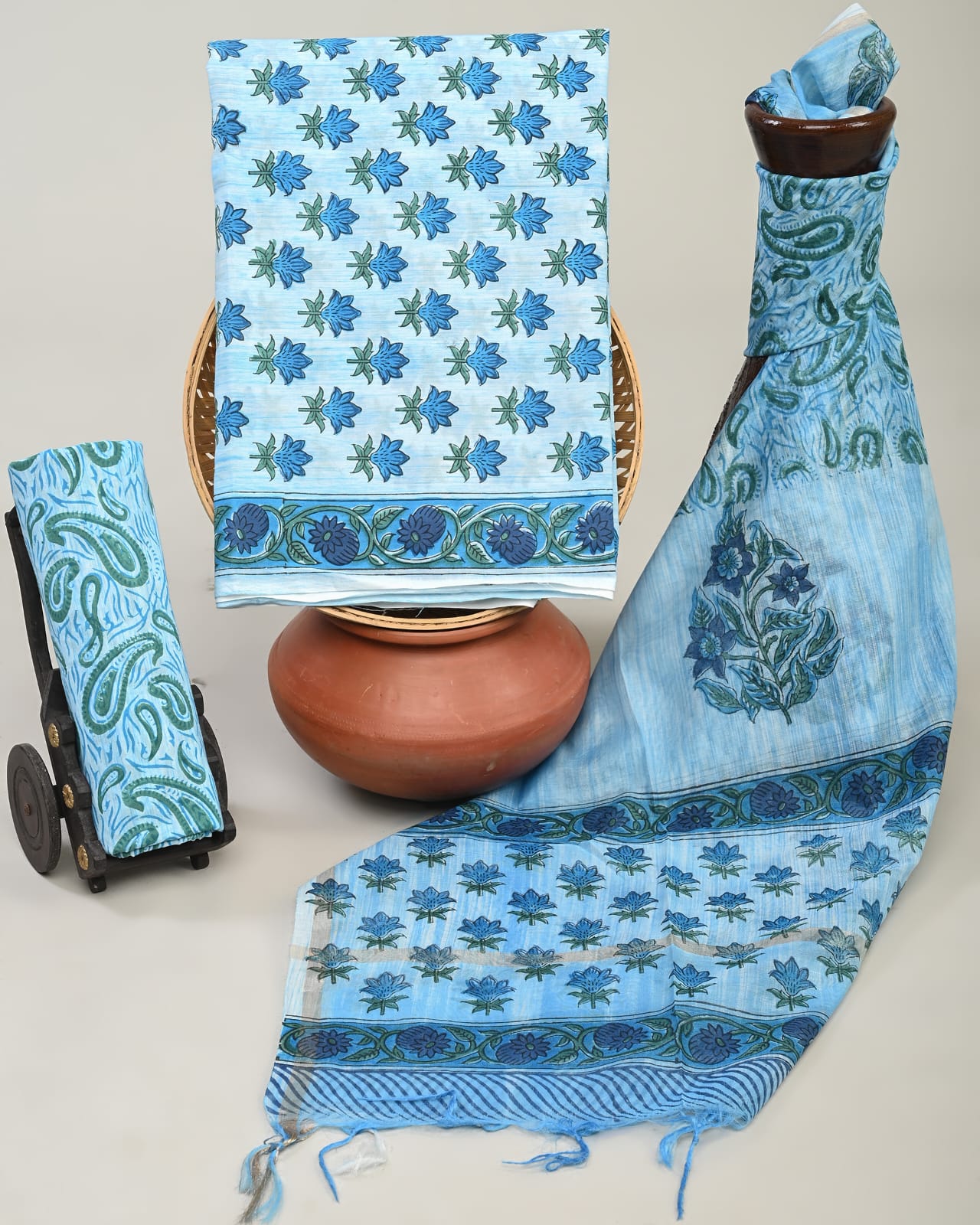 Deep Sky Blue block printed cotton dress material with chanderi cotton dupatta