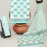 Bright Turquoise block printed cotton dress material with chanderi cotton dupatta