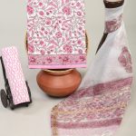 White pink cotton dress material with organza dupatta
