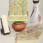 Electric Lime printed cotton suit with organza dupatta with block print