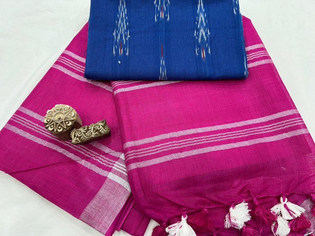 Hollywood Cerise plain linen sarees with printed blouse designs