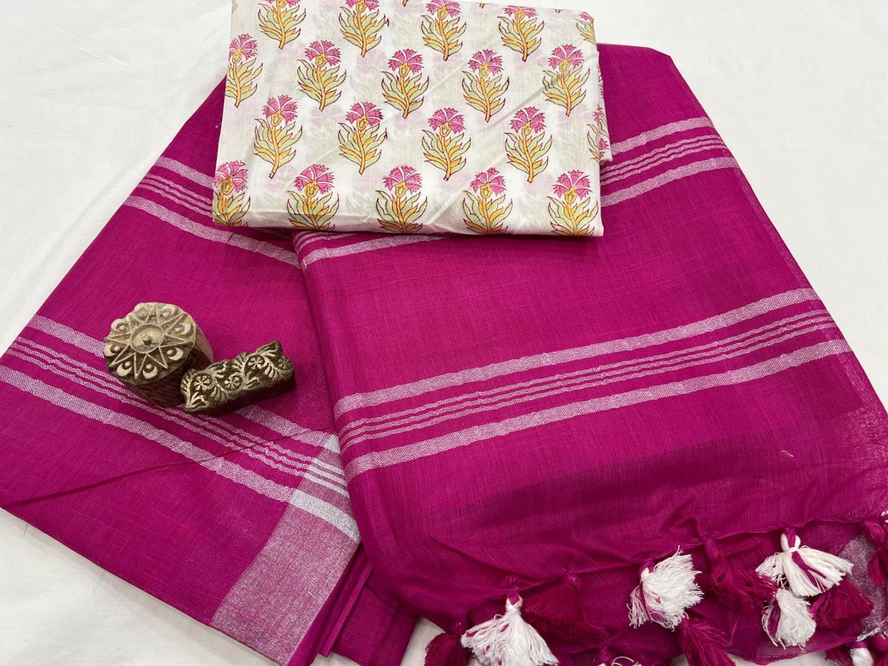 Hollywood Cerise plain linen sarees with blouse designs