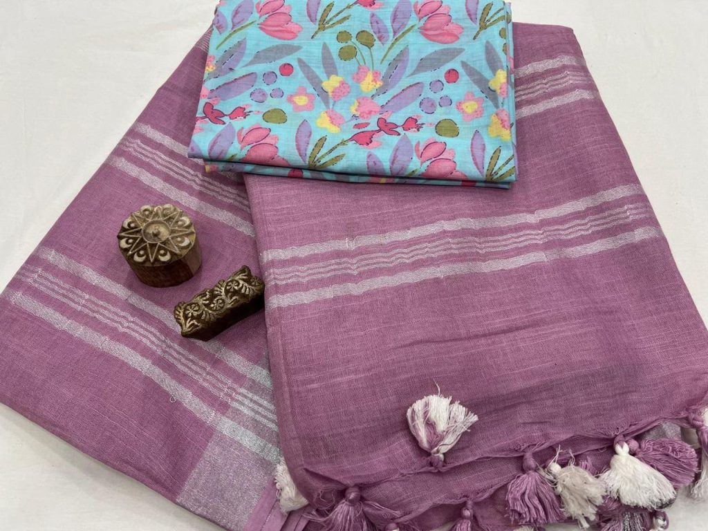 Dark Hot Pink plain linen sarees with low price