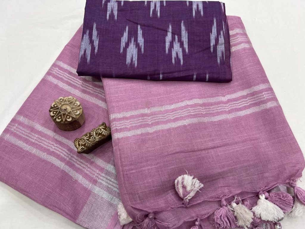 Hot Pink plain linen saree with cotton  blouse designs
