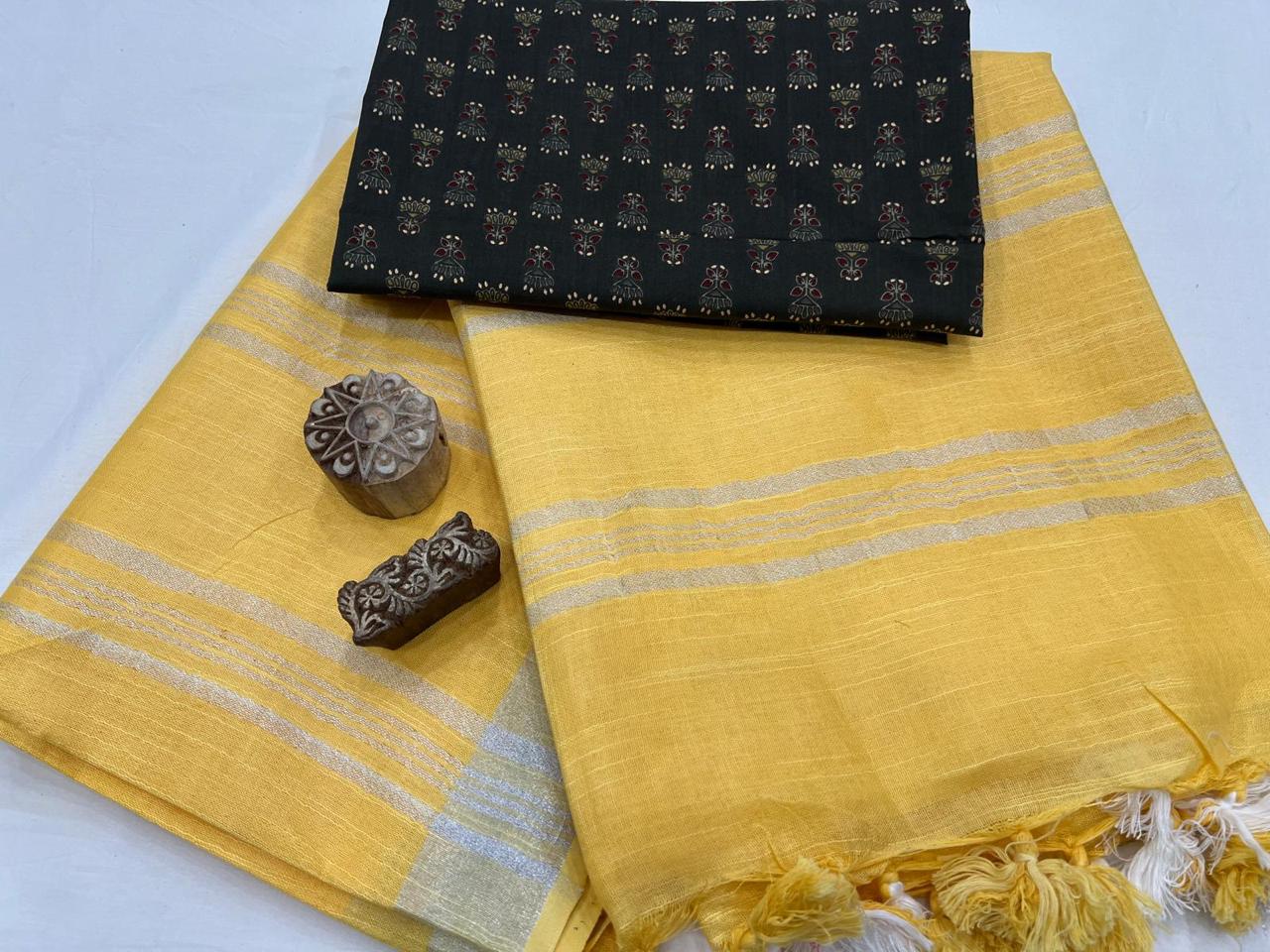 Jonquil plain linen sarees with printed cotton blouse