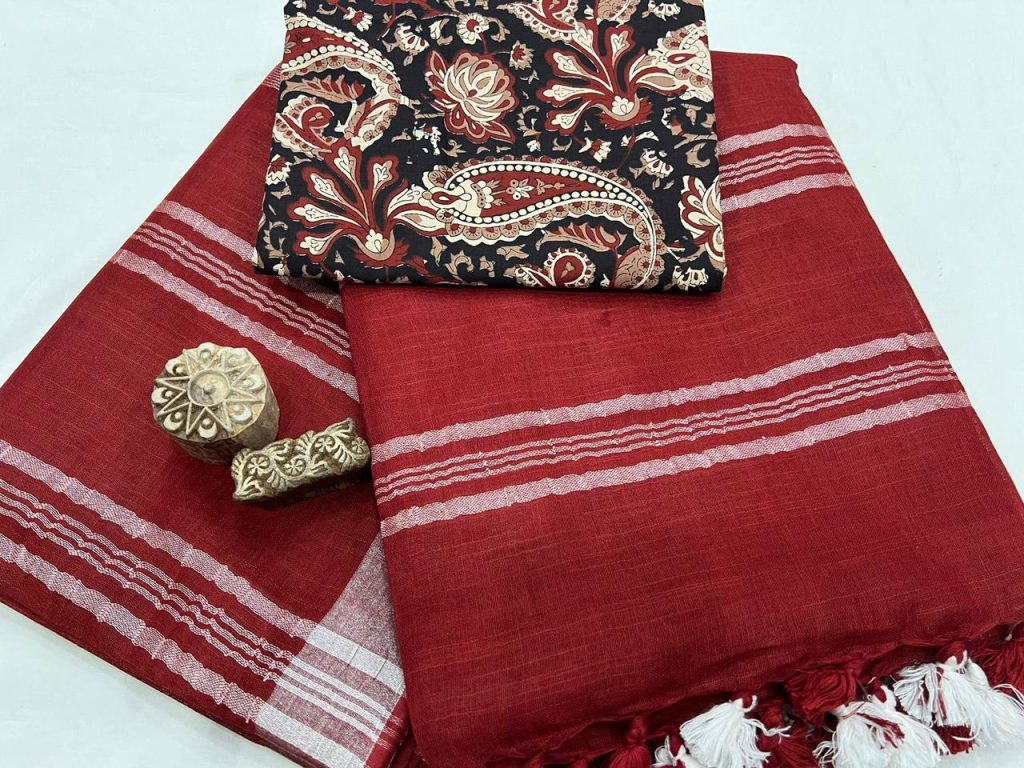 Cardinal plain linen sarees images with cotton printed blouse