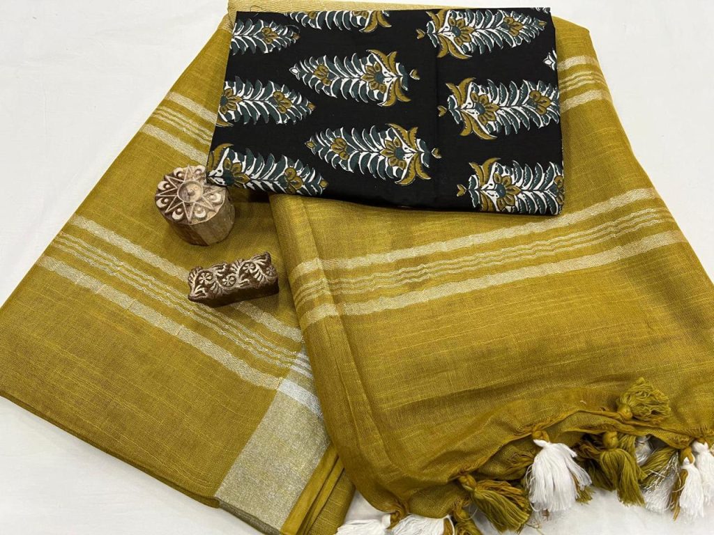 Moss green plain linen saree with printed cotton blouse
