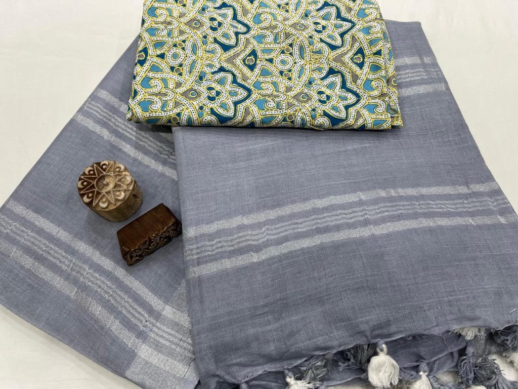 Slate gray buy plain linen sarees online