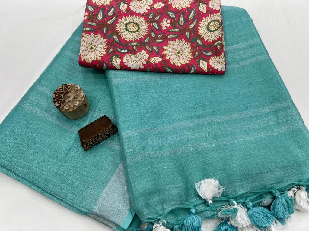 Blue Green plain linen saree online with printed blouse