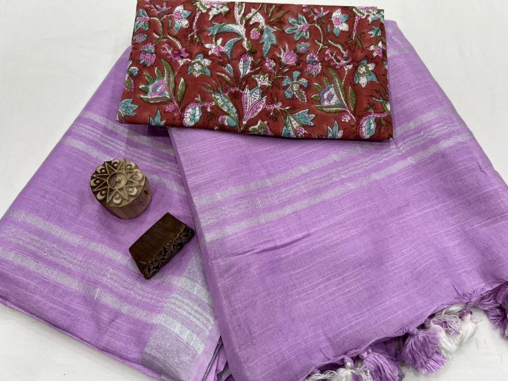 Heliotrope plain linen saree with zari border