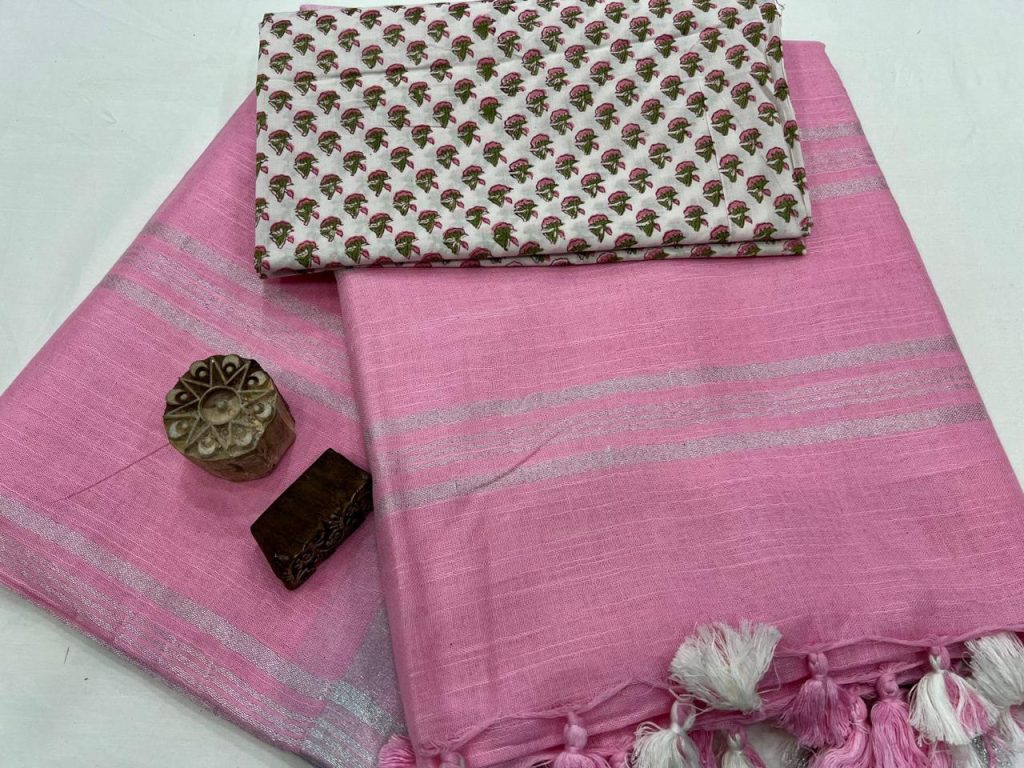 Hot Pink plain cheap linen sarees online with blouse