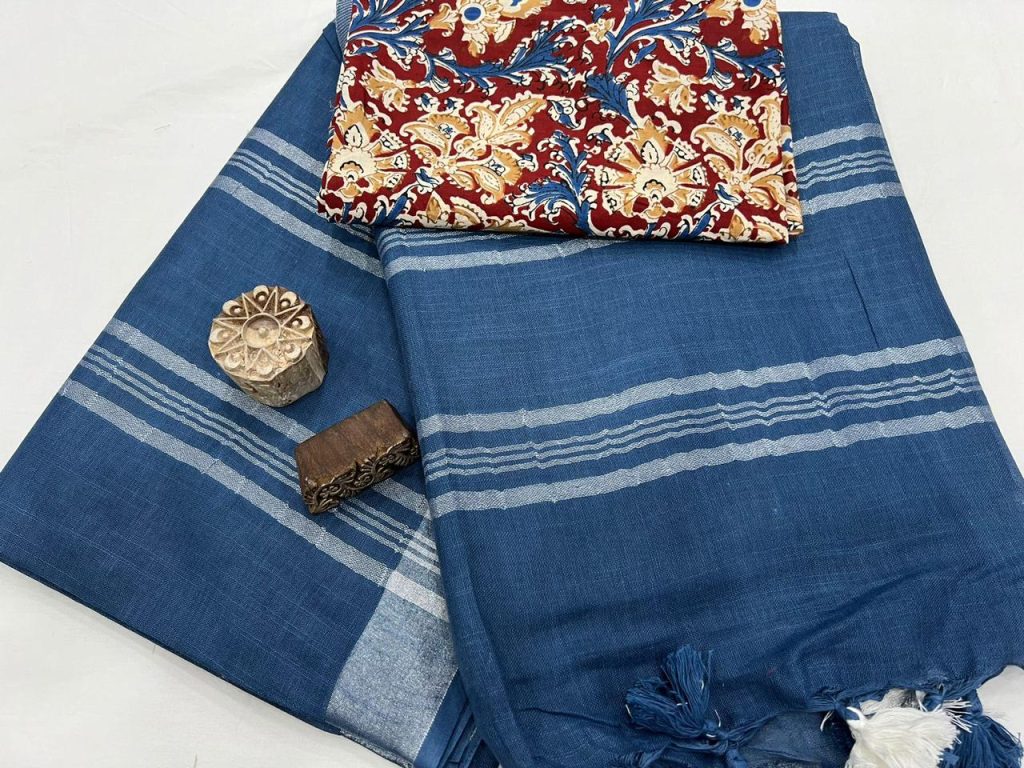 Cerulean Blue Shop for latest linen sarees with cotton blouse