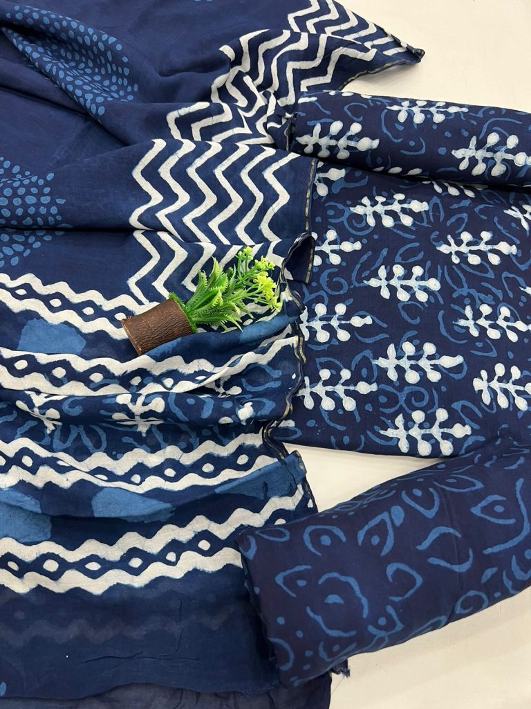 Dabu indigo print muslin silk suit with santoon bottom