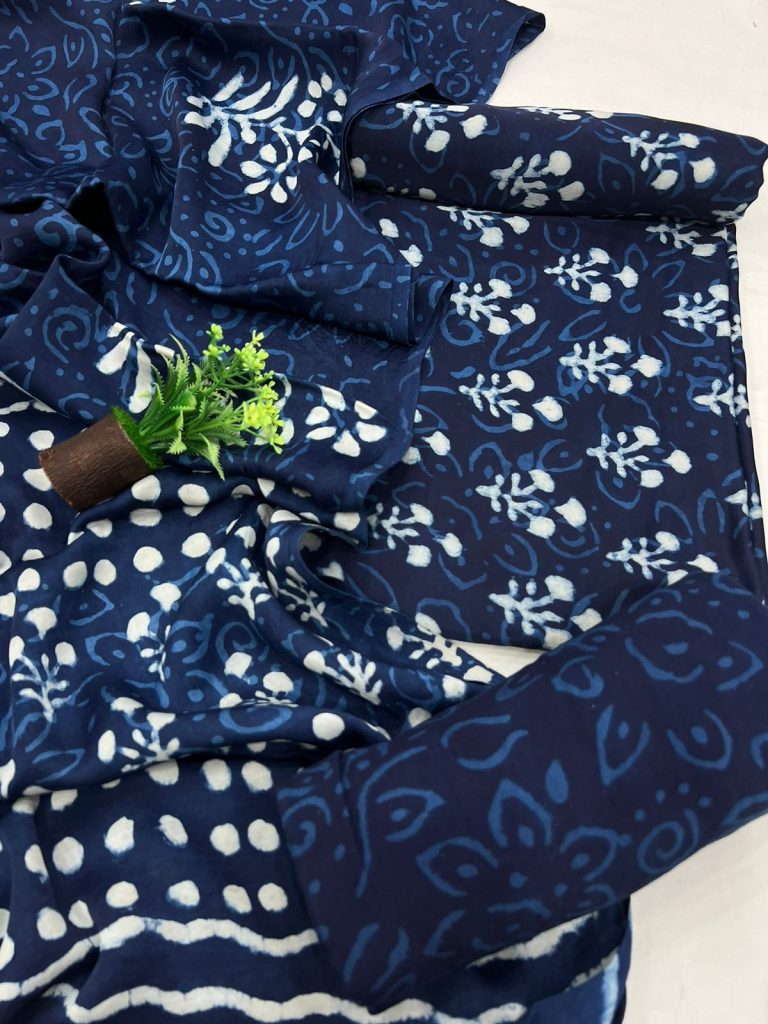 Indigo dabu block print muslin silk suit with santoon bottom