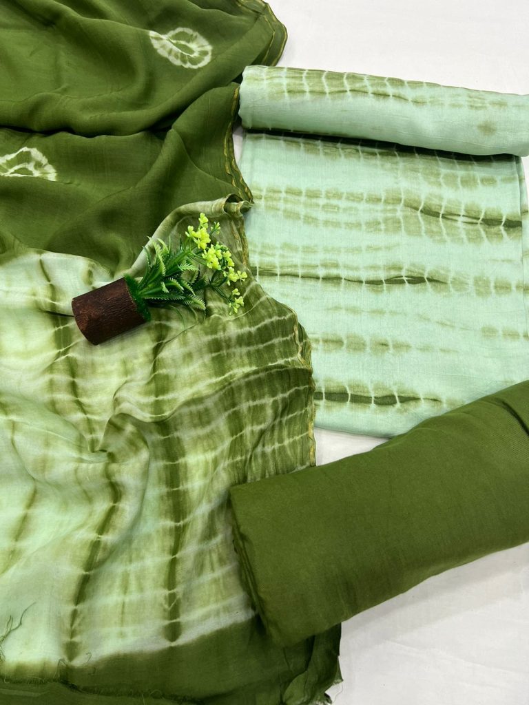 Asparagus shibori print muslin silk suit with santoon bottom