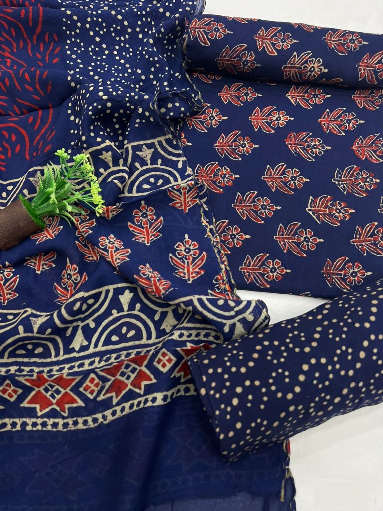 Block printed blue muslin silk suit with santoon bottom