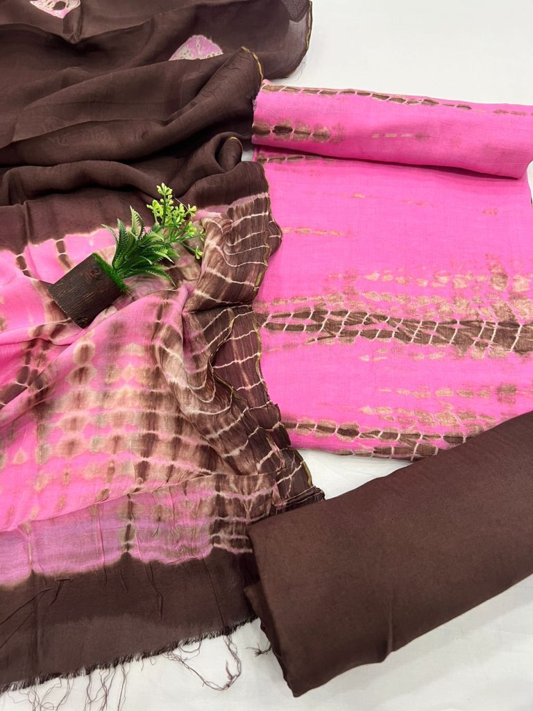 Brilliant Rose shibori print muslin silk suit with santoon bottom