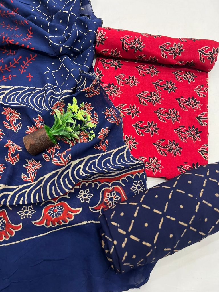 Printed Alizarin crimson muslin silk suit with santoon bottom