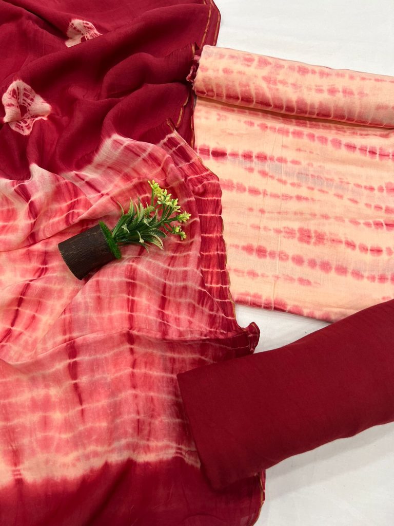 Apricot and cardinal red shibori print muslin silk suit with santoon bottom