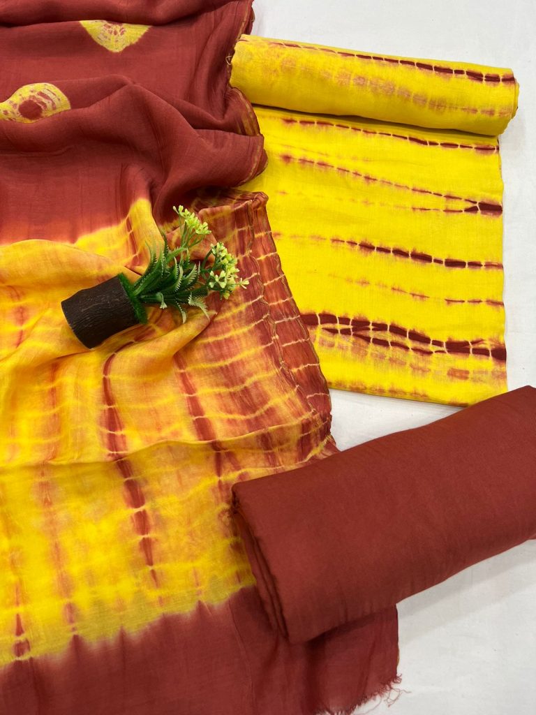Yellow and Firebrick shibori print muslin silk suit with santoon bottom