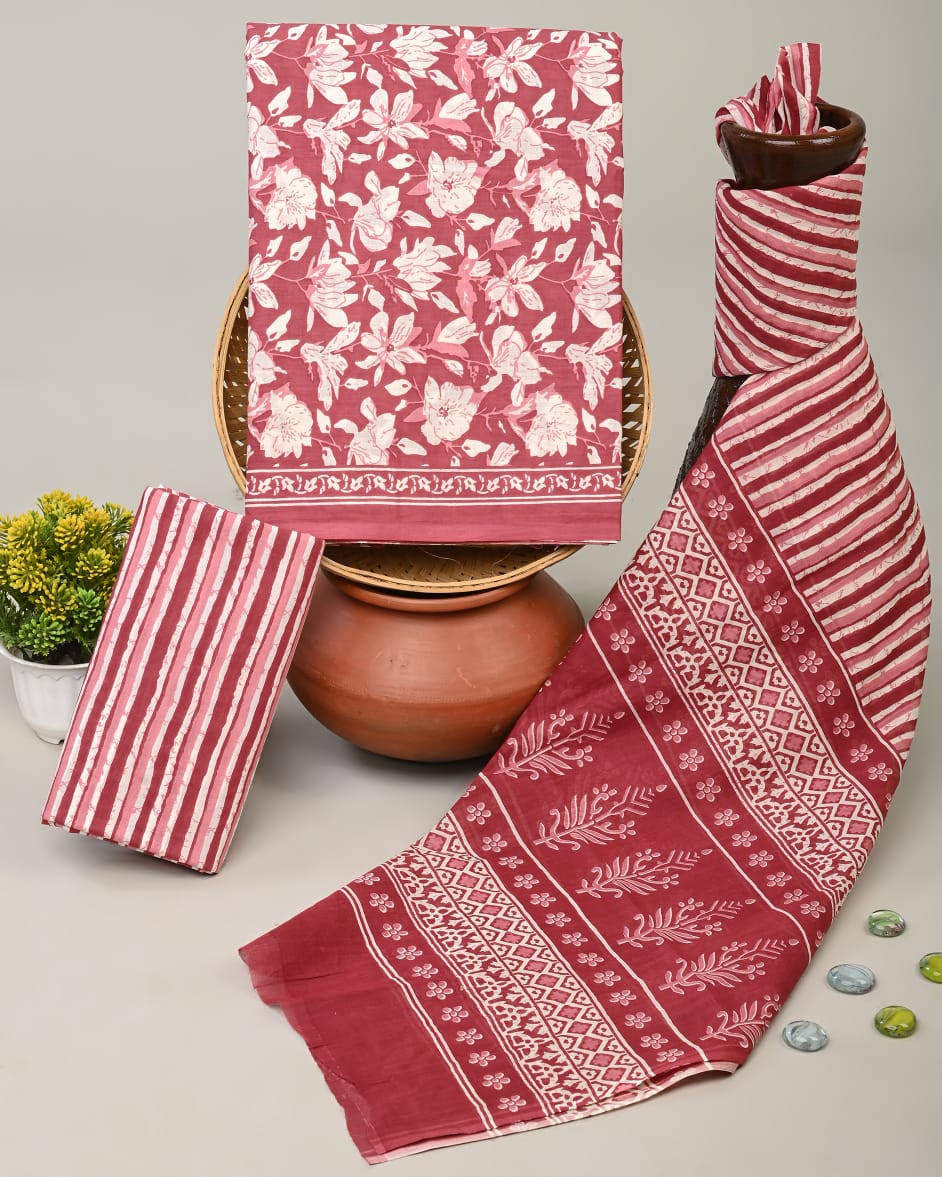 Brick Red dabu print cotton online cloth material with cotton dupatta