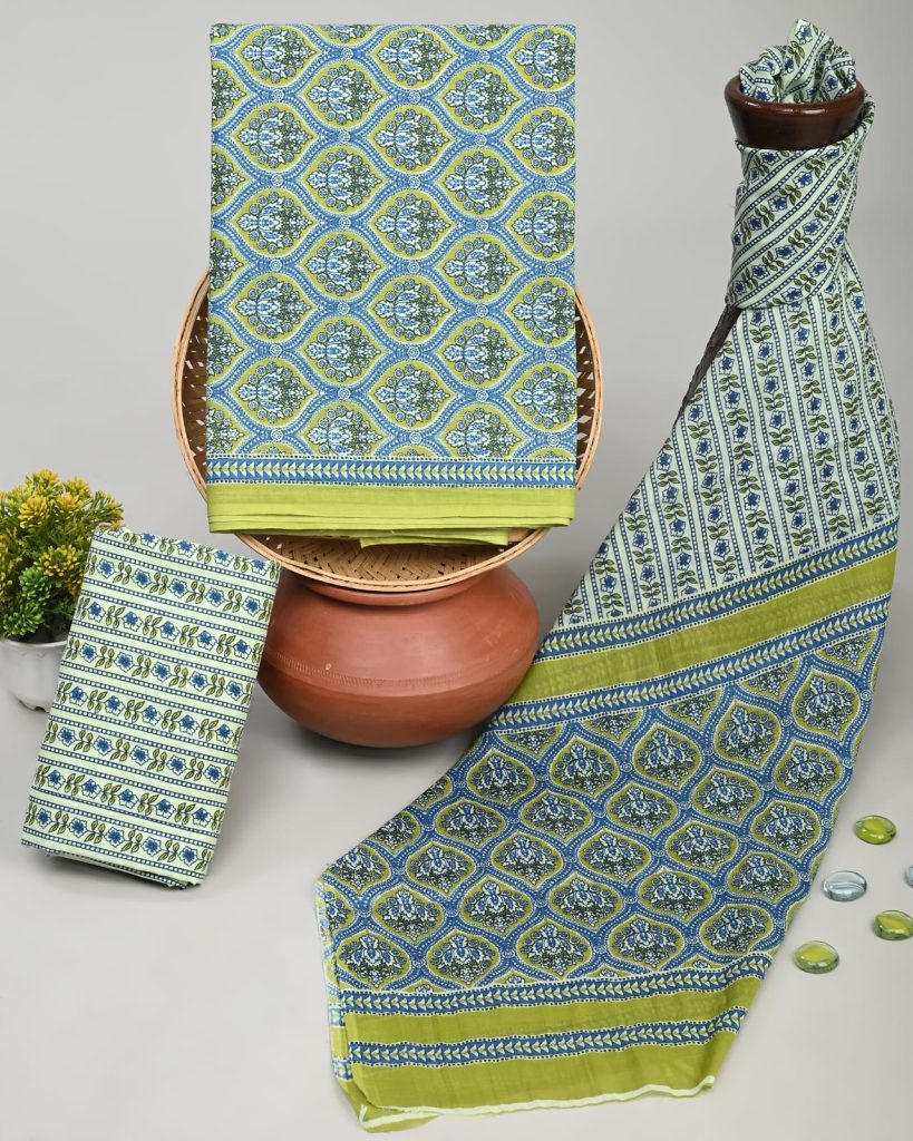 Citron green cotton dress material fabric with cotton dupatta
