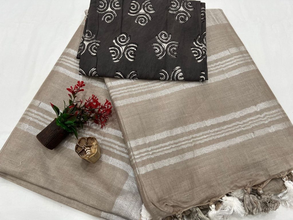 Khaki color Shop for latest plain linen sarees with printed cotton blouse