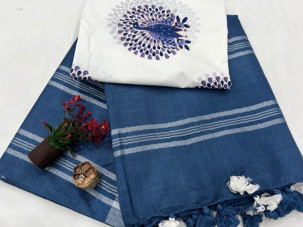 Cerulean Blue cheap plain linen sarees online with printed cotton blouse