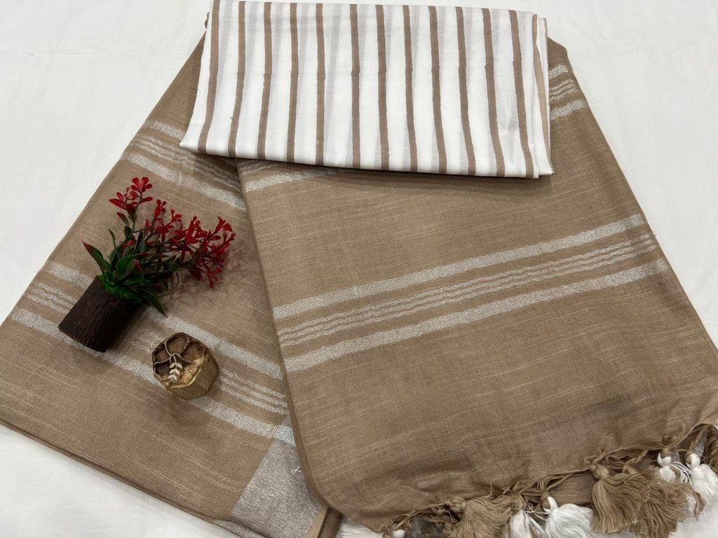 Khakhi brown best plain linen sarees online with printed cotton blouse