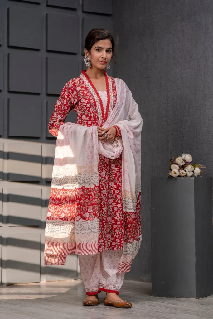 Stitched Apple Red Gad Print Ladies Suit Cotton With Mulmul Dupatta