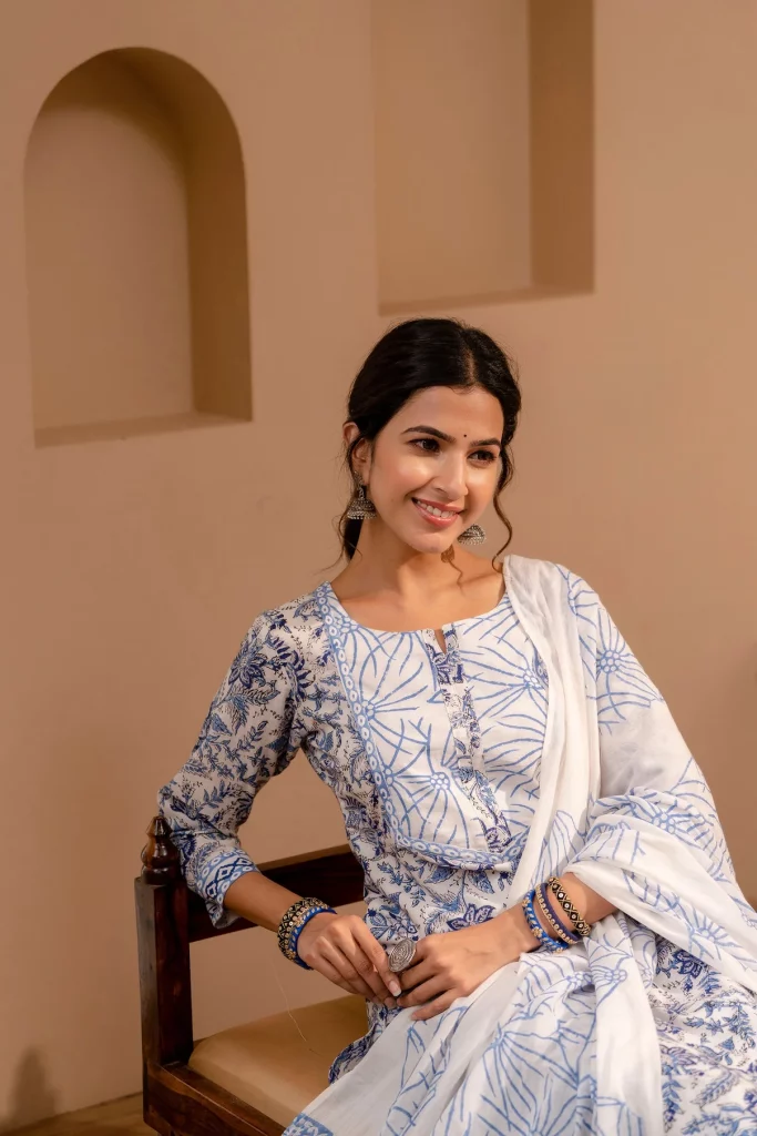 Stitched White And Blue Kalamkari Print Cotton Online Ladies Suits With Mulmul Dupatta