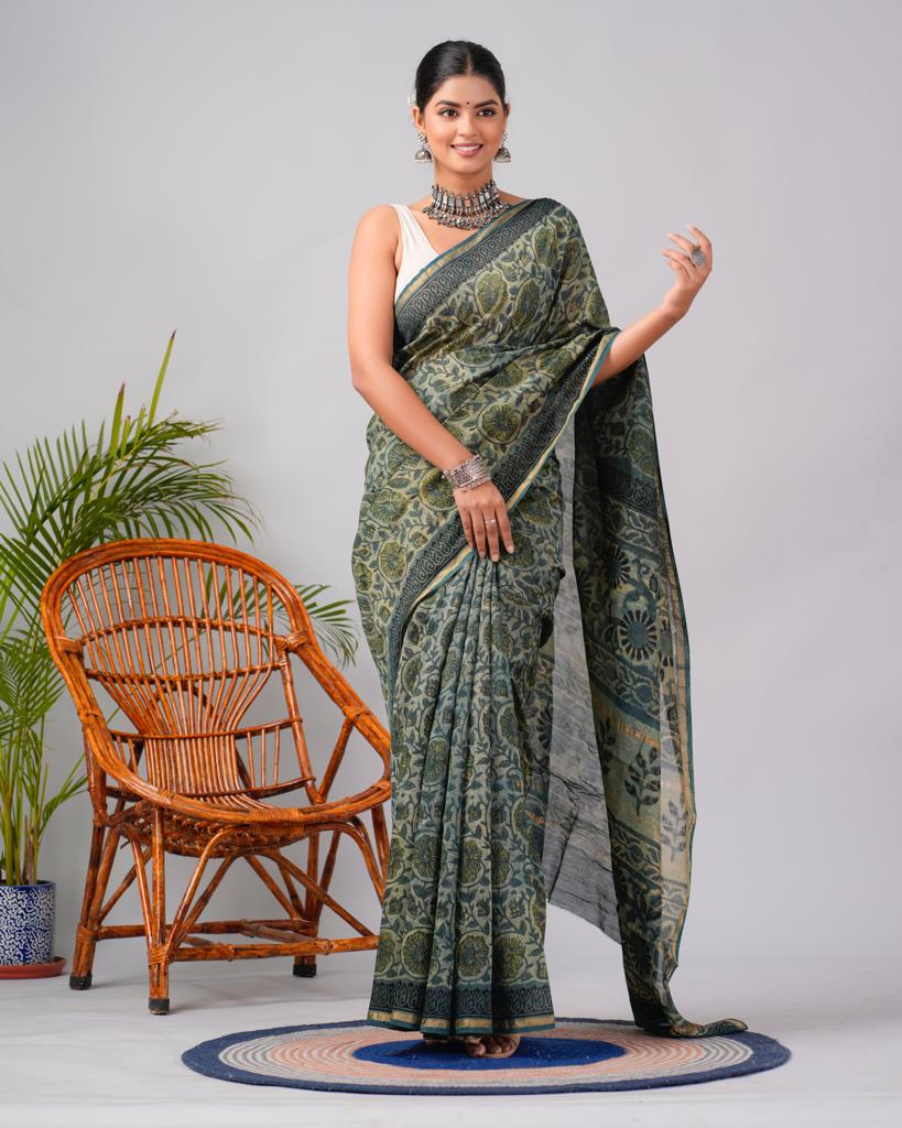 Camouflage Green bagru block print chanderi silk sarees