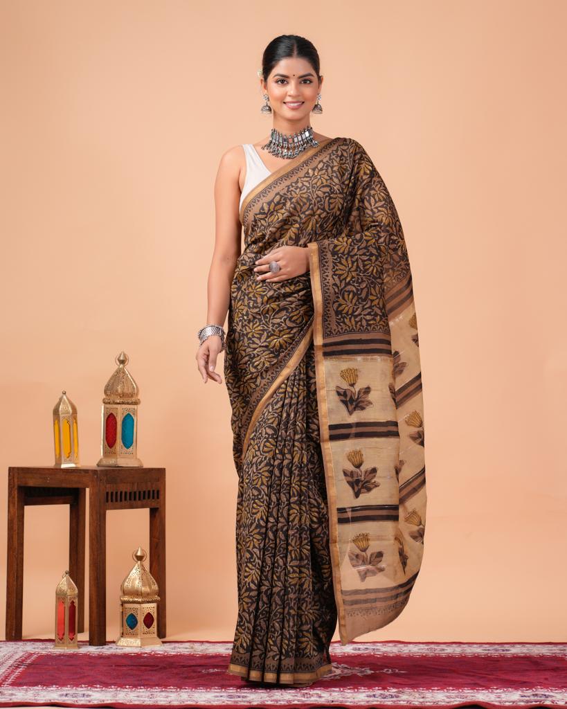 Copper and black printed chanderi saree party wear