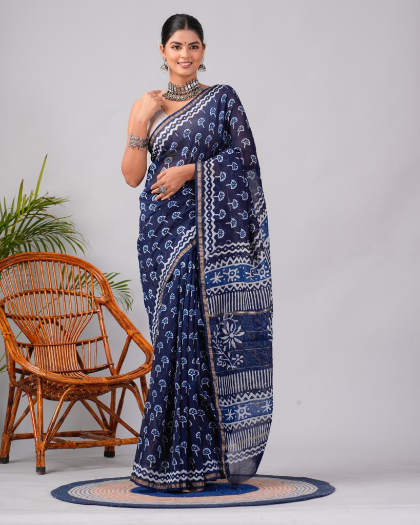 Indigo blue chanderi silk hand block printed saree