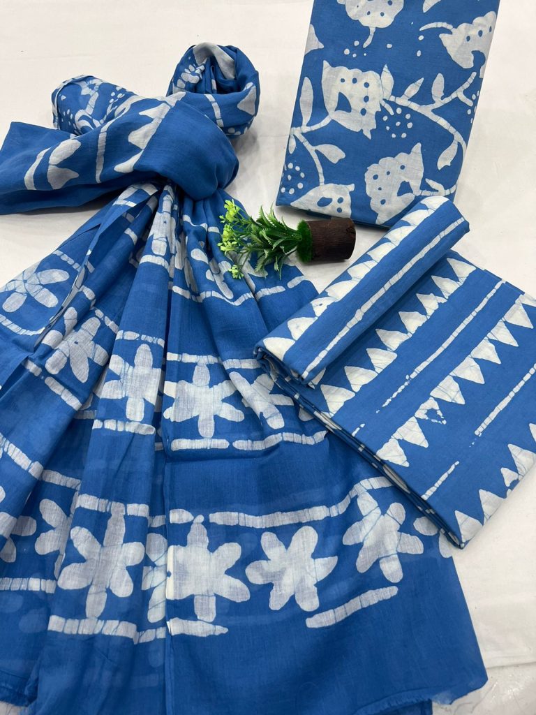 Cerulean Blue cotton dress material design with cotton dupatta