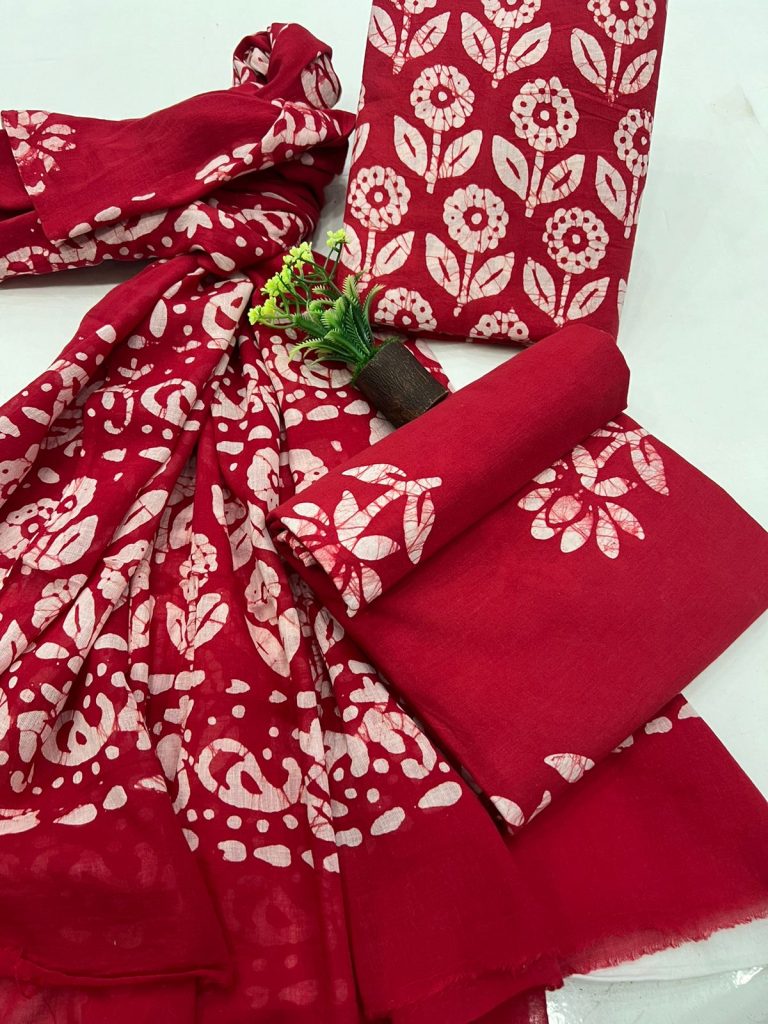 Alizarin crimson batik print cotton online dress materials shopping with cotton dupatta