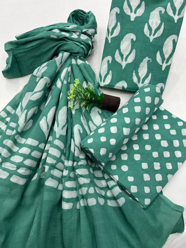 Jungle Green cotton latest dress materials with mulmul dupatta