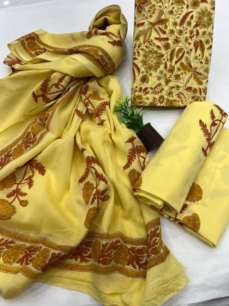 Canary cotton punjabi dress material with mulmul dupatta